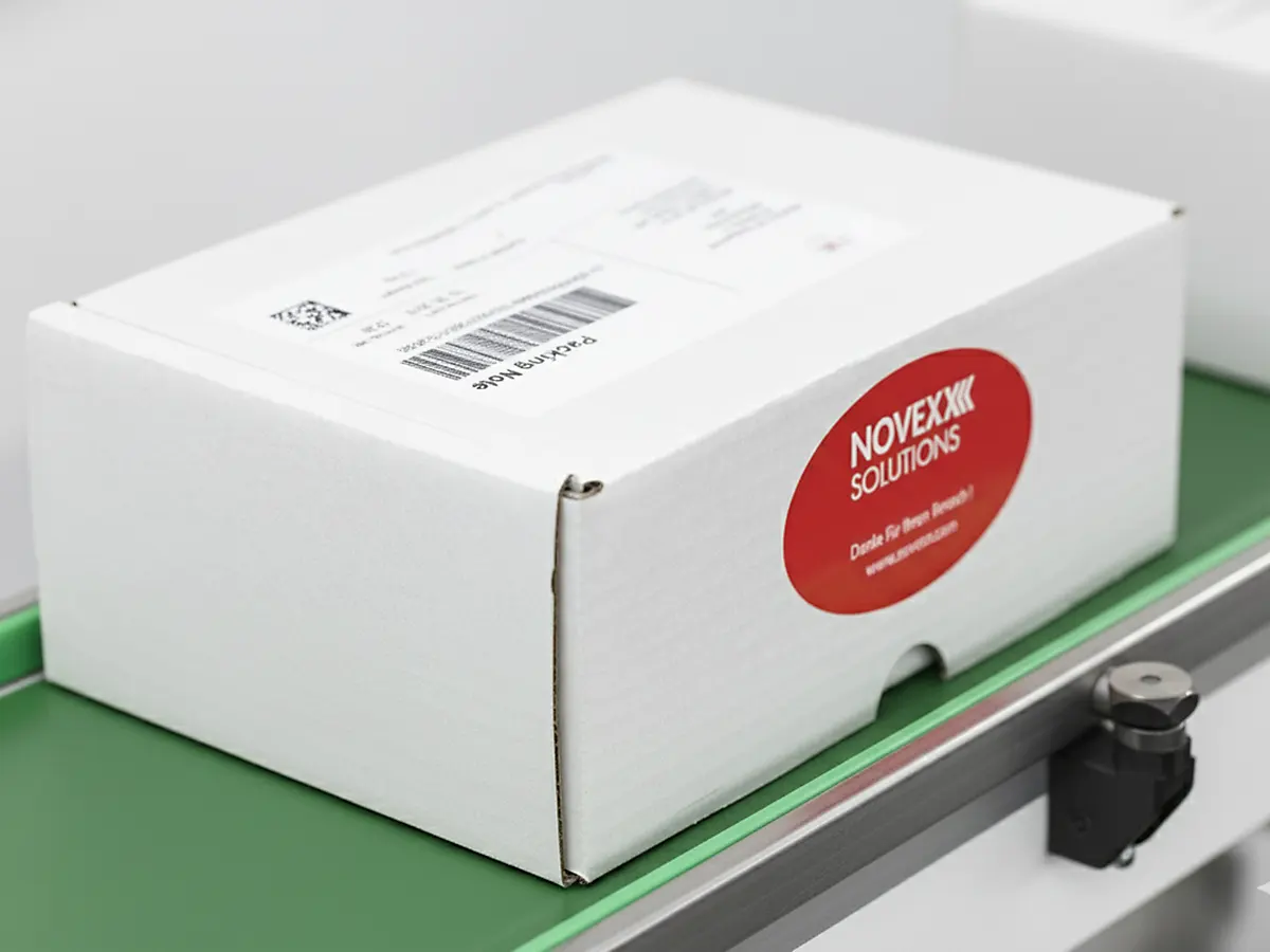 Novexx — 2-позиционное боковое и верхнее этикетирование картонных коробок на конвейерной линии