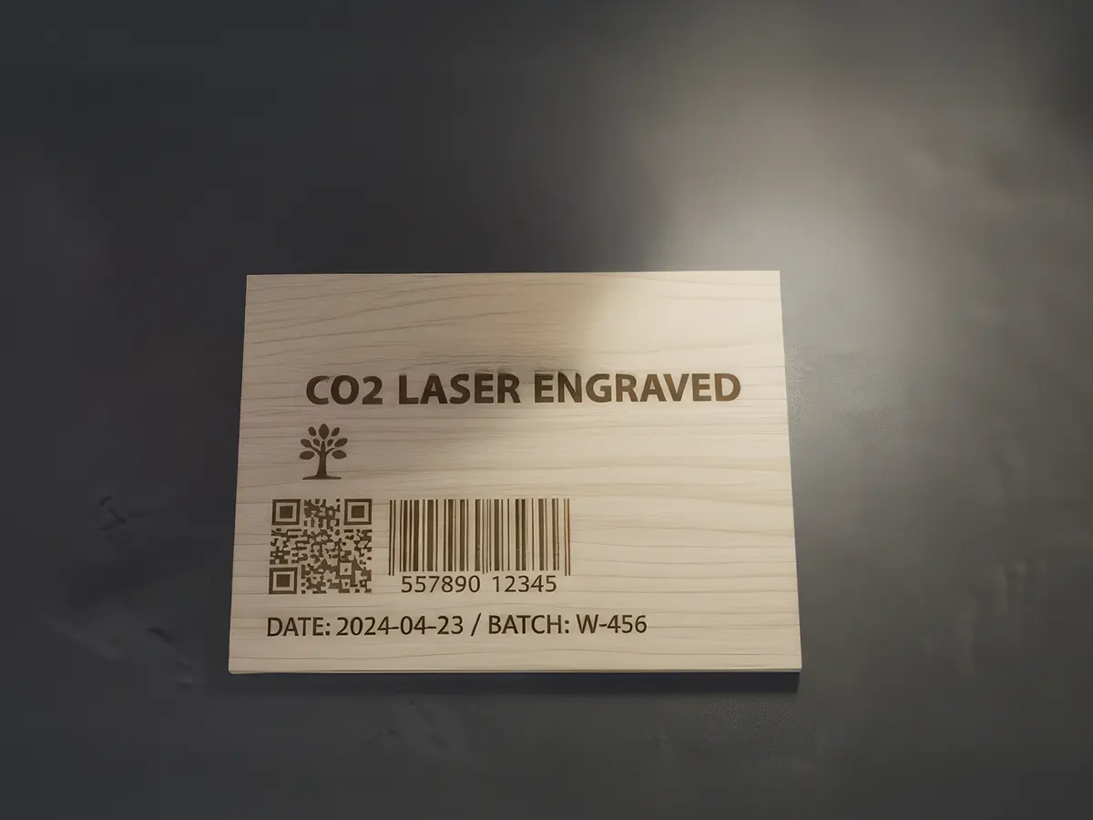 Лазерная гравировка по дереву — надпись, штрихкод и QR-код, выполненные CO₂ маркиратором Welljets F1000