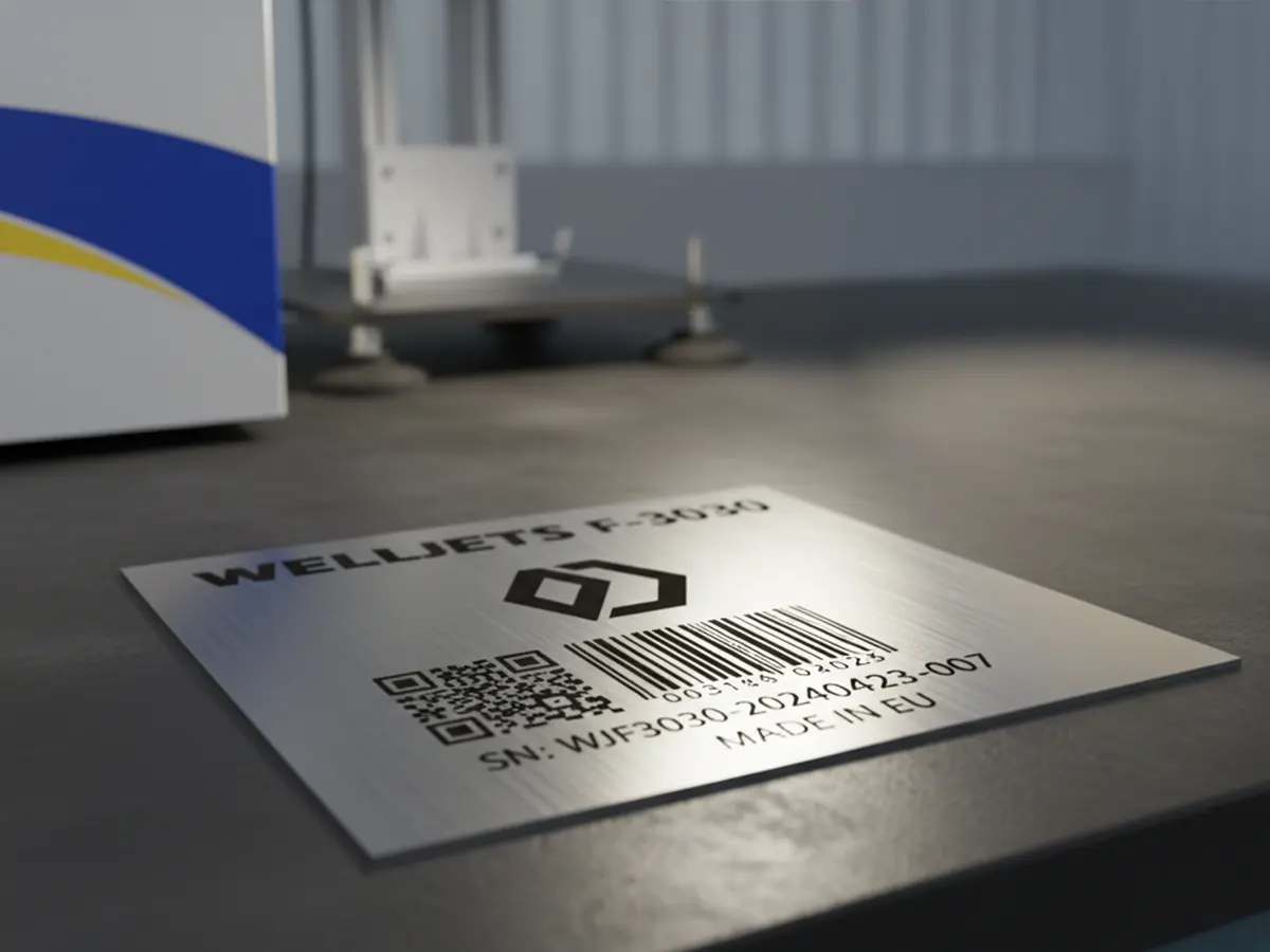Лазерная гравировка QR-кода, штрихкода и логотипа на металлической пластине — волоконный маркиратор Welljets F3000