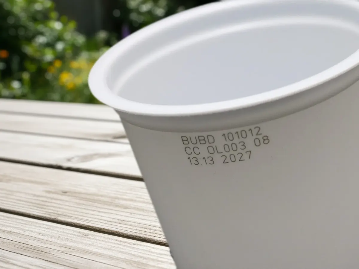 Маркировка даты и серийного номера на белом пластиковом стакане ультрафиолетовым лазером Welljets F2000 — чистый контур без подпалин