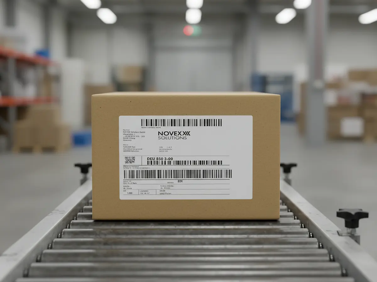 Пример транспортной этикетки Novexx Solutions с штрих-кодом и DataMatrix на коробе